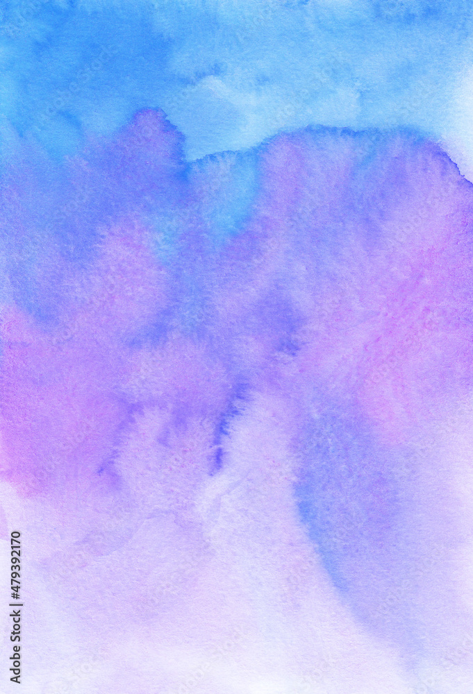 Abstract blue-pink watercolor background texture, hand painted. Artistic ombre backdrop, stains on paper. Aquarelle painting wallpaper.