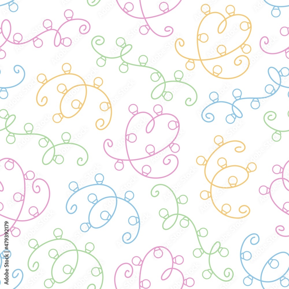 Seamless vector pattern with Christmas lights. Line objects. Colorful palette. Fun design. Cute hand drawn background for packaging, wrapping paper, print, card, gift, fabric, textile, wallpaper. Seamless vector pattern with Christmas lights. Line objects. Colorful palette. Fun design. Cute hand drawn background for packaging, wrapping paper, print, card, gift, fabric, textile, wallpaper.