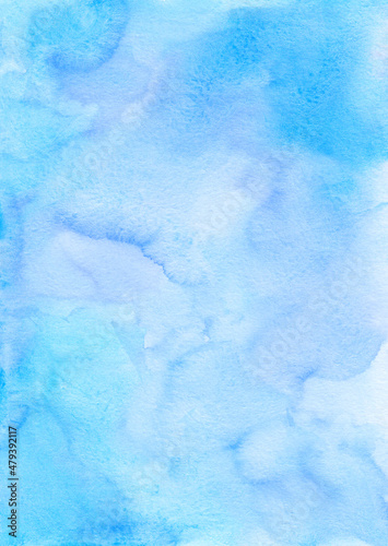 Abstract light blue watercolor background texture, hand painted. Artistic pastel cerulean color backdrop, stains on paper. Aquarelle painting wallpaper.
