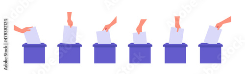 Flat hand drops an empty sheet into the box vector illustration set. The concept of voting or mail