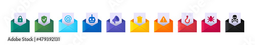 Variants 3d email envelope with letter protected, safe, advertising and automatic mailing, trash, spam, phishing and virus set vector illustration