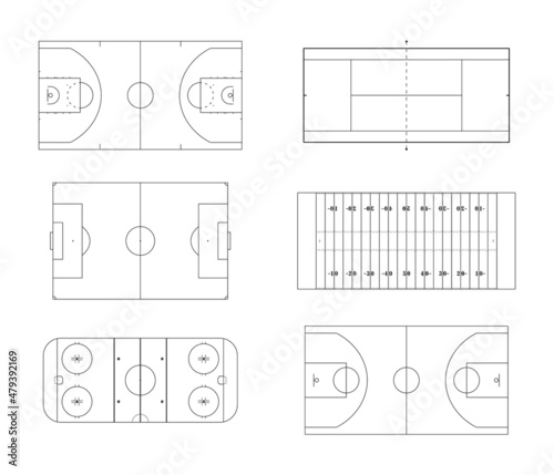 Outline sports fields and courts basketball tennis football soccer ice hockey.