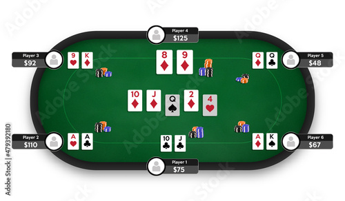 Poker table. Online poker room. Texas Hold'em game illustration. Online game concept. Vector illustration. photo