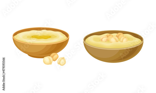 Hummus Savory Dish with Mashed Chickpeas Blended with Tahini in Wooden Bowl Vector Set