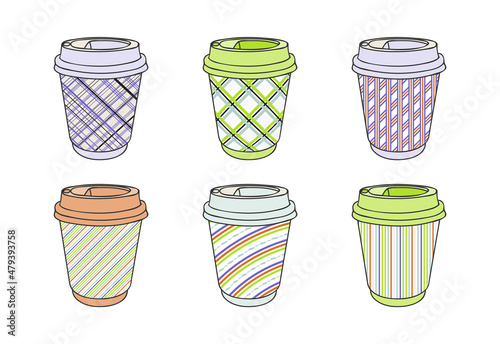 Paper coffee cups collection decorated in classic retro style checkered, stripe, line. Coffee to go graphics template. Hot drinks take away concept. Draw attention to design in your coffee house