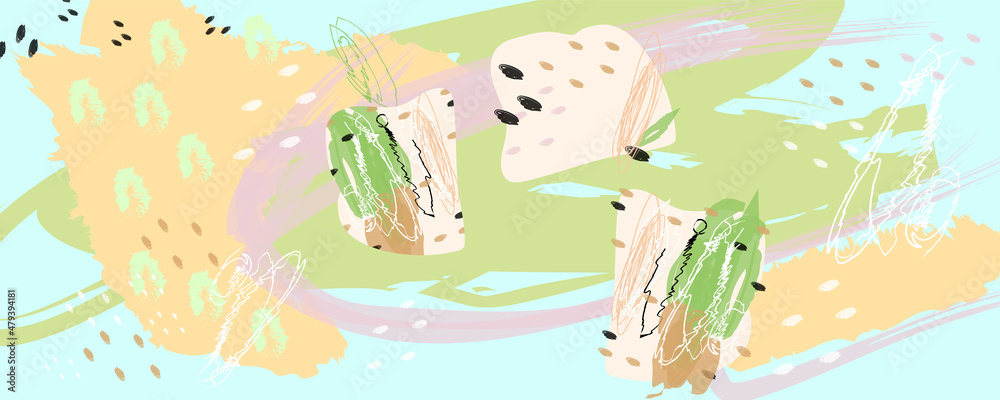 A versatile background in muted pastel calm colors. Creative pictorial art header with different shapes and textures. Collage. Vector A versatile background in muted pastel calm colors. Creative pictorial art header with different shapes and textures. Collage. Vector
