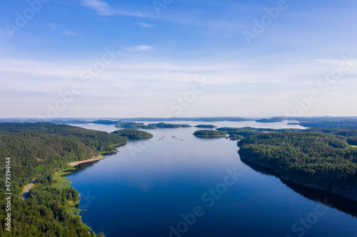 Aerial view of the system of lakes with islands © alexkazachok