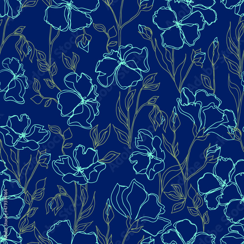 vector seamless pattern flowers with leaves. Botanical illustration for wallpaper, textile, fabric, clothing, paper, postcards