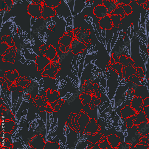 vector seamless pattern flowers with leaves. Botanical illustration for wallpaper, textile, fabric, clothing, paper, postcards
