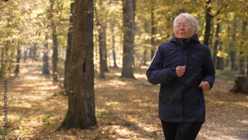 Close-up of healthy aged woman with white hair jogging in nature. Sporty elderly female running past sunlit trees on beautiful clear autumn day, healthy active lifestyle in old age concept Close-up of healthy aged woman with white hair jogging in nature. Sporty elderly female running past sunlit trees on beautiful clear autumn day, healthy active lifestyle in old age concept
