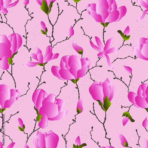 vector seamless patterns of magnolia flowers with branches and leaves. Botanical illustration for wallpaper  textile  fabric  clothing  paper  postcards