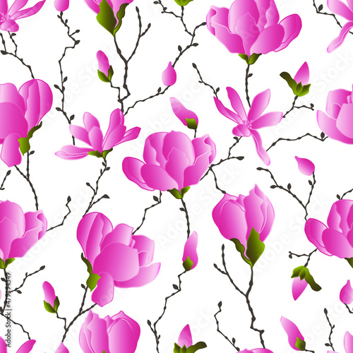 vector seamless patterns of magnolia flowers with branches and leaves. Botanical illustration for wallpaper, textile, fabric, clothing, paper, postcards