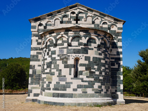 Romanesque church San Michele de Murato, Historical monument, chapel made of polychrome stones, Corsica, France.