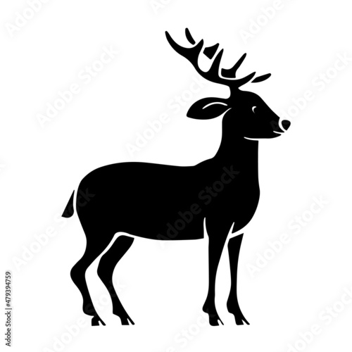 Black silhouette of a forest deer on a white background. A beautiful horned wild animal. Logo and design template. Vector isolated cartoon illustration © Mikhail Ognev