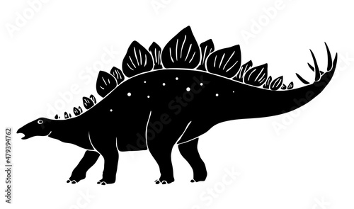 Black silhouette of a stegosaurus on a white background. Extinct herbivorous dinosaur. There are plates on the back, sharp thorns on the tail. Jurassic prehistoric animal. Vector isolated illustration