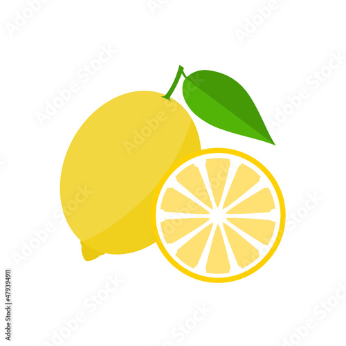 Yellow lemon with green leaf, simple flat design. Isolated on white background vector illustration