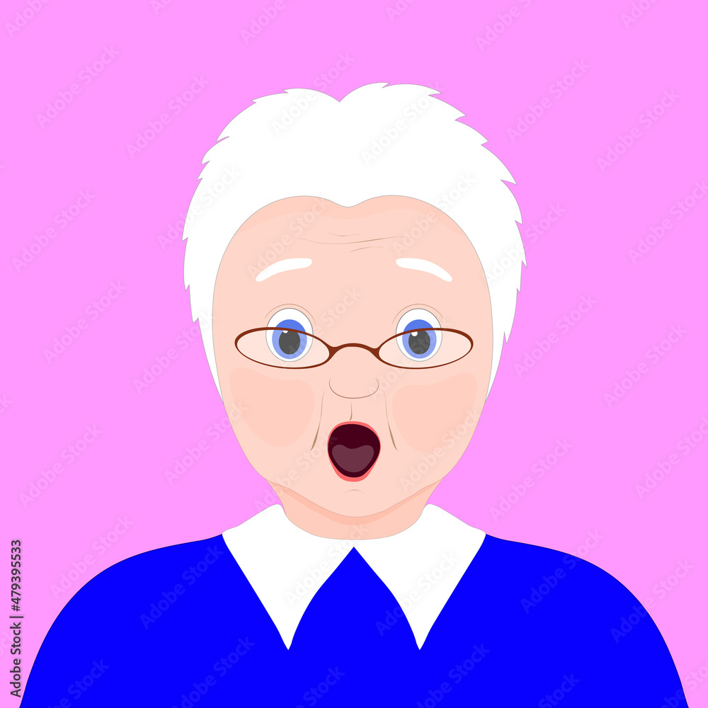 Face expression of grandmother, surprised. Emotion of old woman. Vector illustration Face expression of grandmother, surprised. Emotion of old woman. Vector illustration