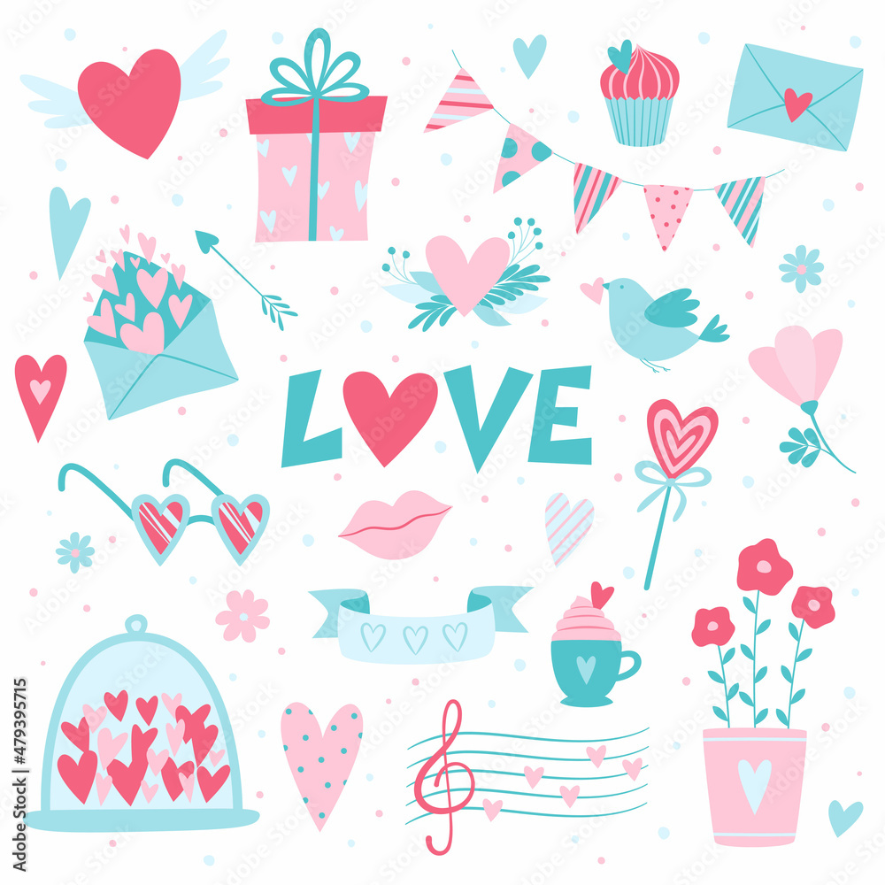 St.Valentines Day set of elements. Love theme clipart love letter, present, kiss, sweets, flowers, pink glasses, love music, love theme decorations and hearts. Flat vector resizable illustration. St.Valentines Day set of elements. Love theme clipart love letter, present, kiss, sweets, flowers, pink glasses, love music, love theme decorations and hearts. Flat vector resizable illustration.