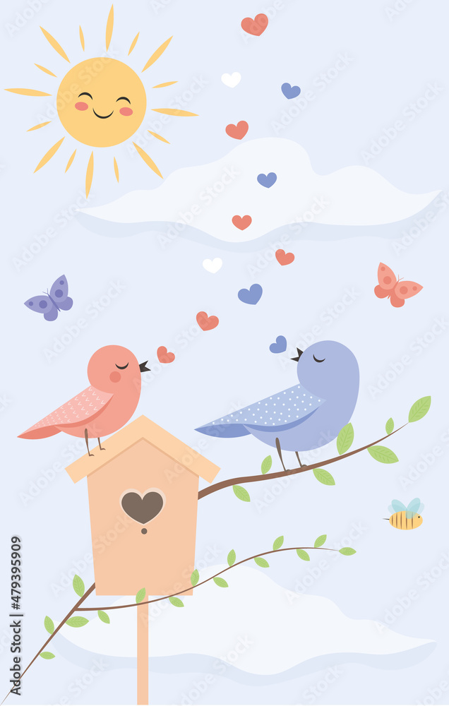 A postcard on the theme of spring. Two lovebirds are sitting at the birdhouse and singing love songs to each other. The awakening of nature. bright colorful vector illustration