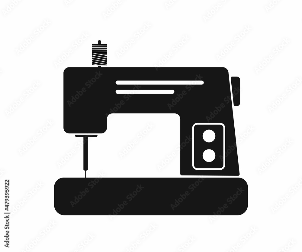 Sewing machine isolated on white background. Black silhouette. Vector illustration. Cartoon flat style