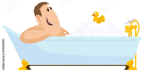 Funny man is washing in bathtub. Illustration for internet and mobile website.