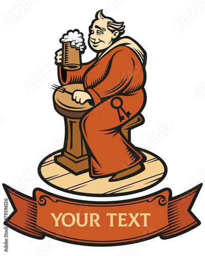 Monk drinking beer. Logo imitating engraving. Vintage style 
