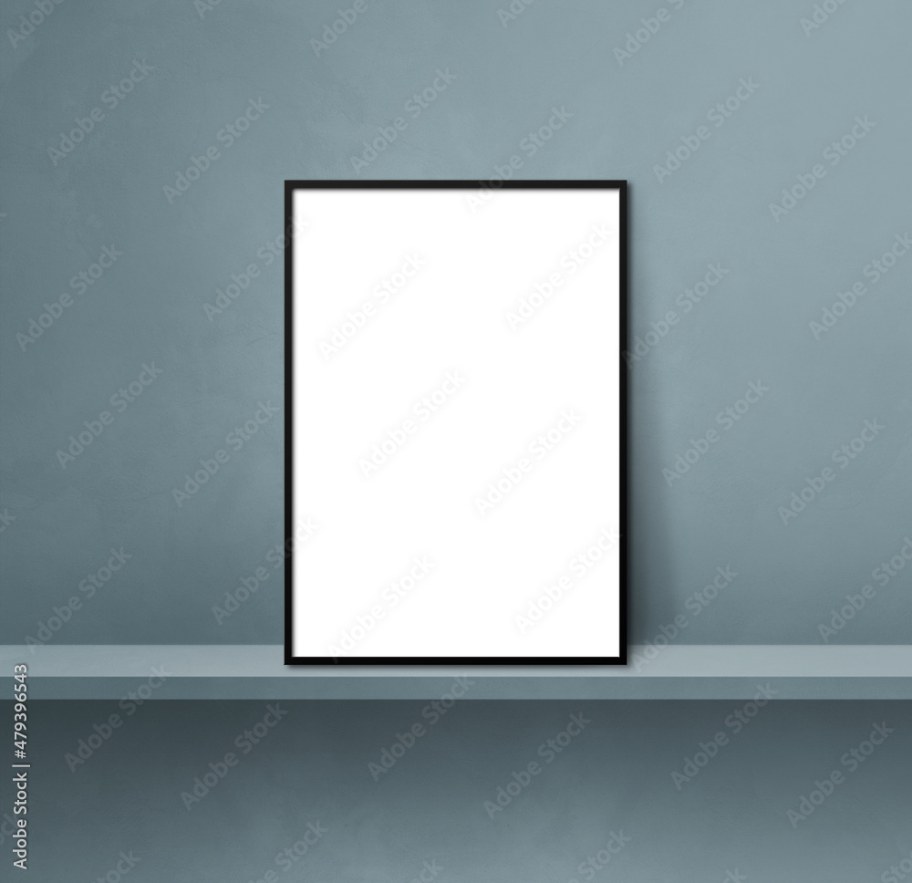 Black picture frame leaning on a grey shelf. 3d illustration. Square background Black picture frame leaning on a grey shelf. 3d illustration. Square background