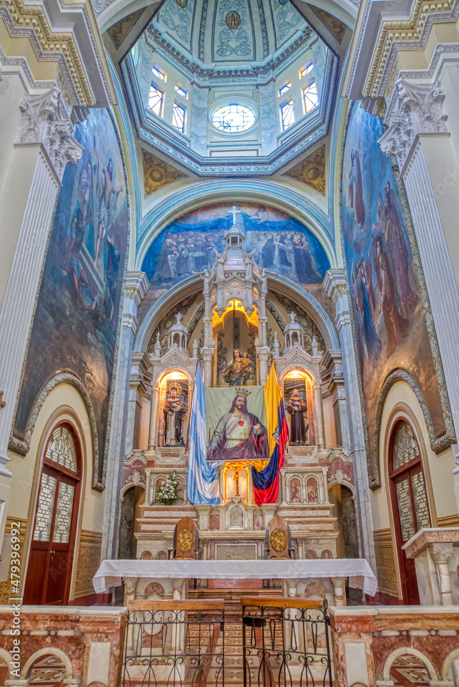 Guayaquil, Guayas, Ecuador - November, 2013: Interior of the Santo Domingo church (Saint Domingo), with its many decorations, statues, religious art, paintings, columns and stained glass windows