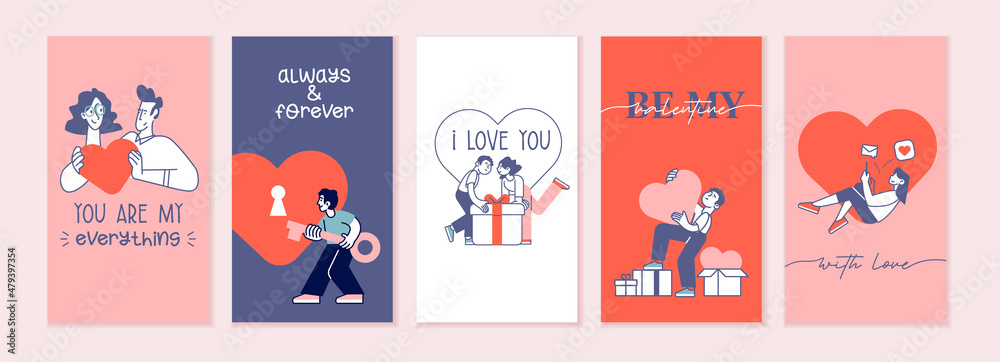 Obraz premium Set of Valentines day cards. Romantic cards and messages for all lovers or those who will become. Vector illustrations for greeting cards, backgrounds, web banners, social media banners, marketing.