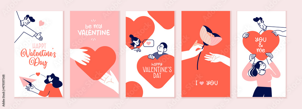 Set of Valentines day cards. Romantic cards and messages for all lovers or those who will become. Vector illustrations for greeting cards, backgrounds, web banners, social media banners, marketing. - obrazy, fototapety, plakaty 