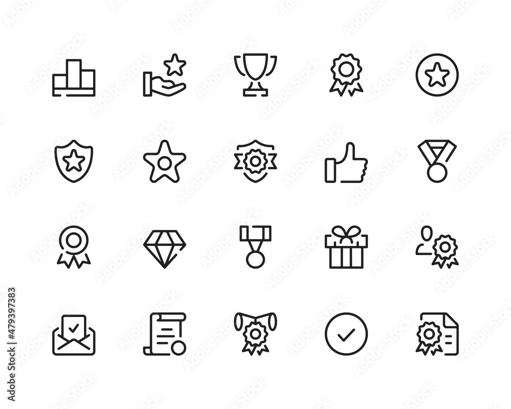 Awards line icons. Prize, medal, quality control, trophy. Outline symbols set. Thin line design graphic elements collection. Modern style concepts. Vector line icons set