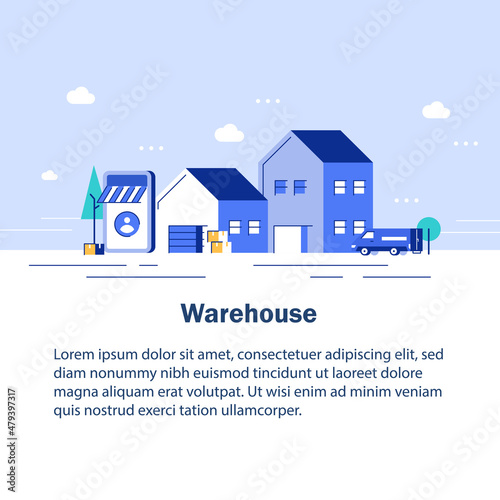 Warehouse industry with storage buildings, forklift, truck and rack with boxes. Vector illustration