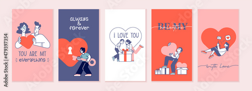 Set of Valentines day cards. Romantic cards and messages for all lovers or those who will become. Vector illustrations for greeting cards, backgrounds, web banners, social media banners, marketing.