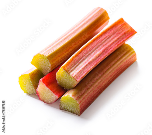 Rhubarb stem in a bundle isolated on white background.