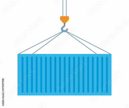 Crane lifts with blue cargo container. Industrial crane hook and Transportation Container isolated on white background. Freight Shipping concept. Vector illustration.