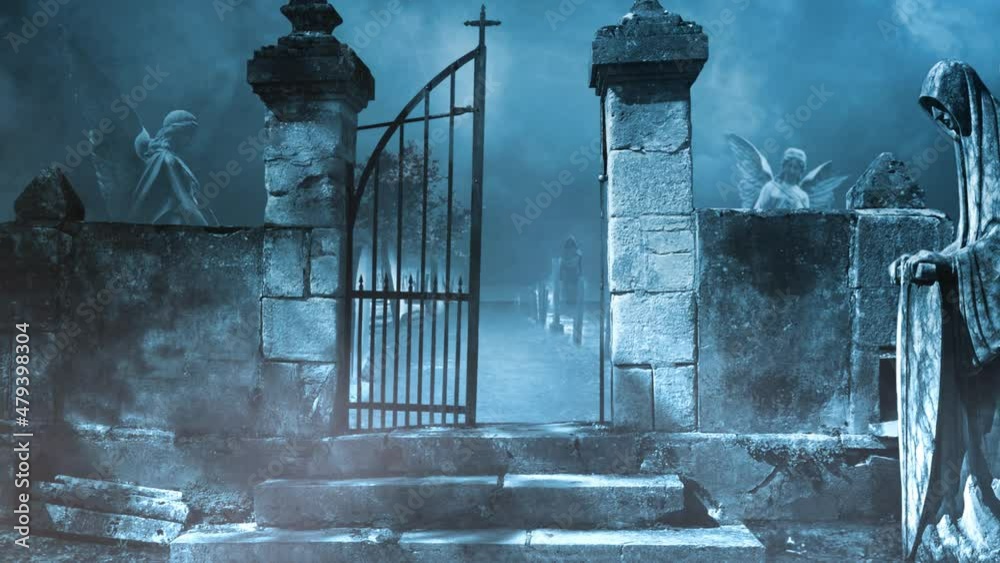 Eerie Cemetery Gate with Blue Foggy Atmosphere 4K Loop features an old cemetery with a gate falling off and statues with fog in a loop.