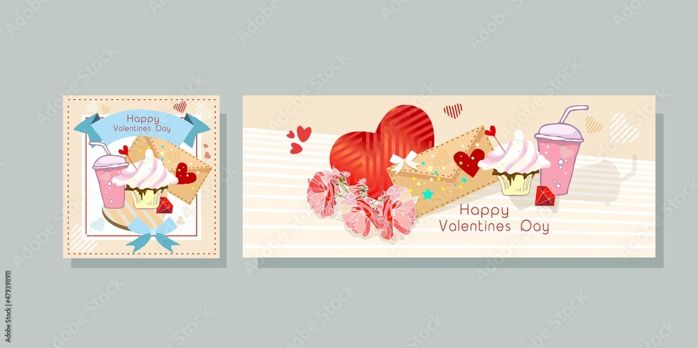 Happy Valentines day menu card with cake and coffee, holiday sale and gifts coupons, 