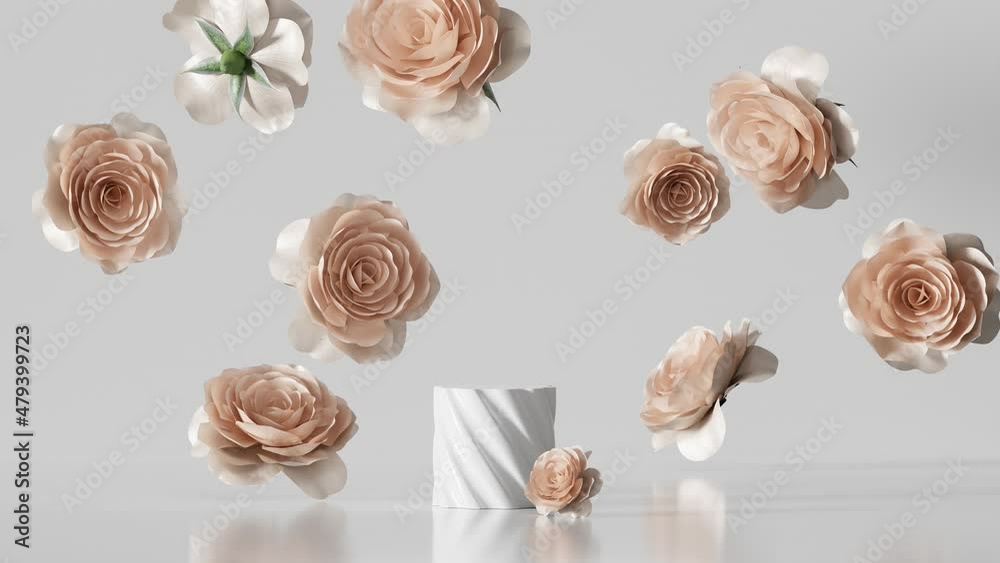3D display podium pastel pink flower on white background. Rose growing. Nature minimal beauty pedestal, cosmetic product presentation. Valentine, feminine copy space template 3d render loop animation