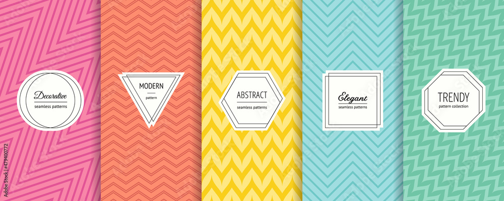 Vector geometric seamless patterns collection. Set of bright colorful background swatches with elegant minimal labels. Cute abstract textures with zigzag lines, chevron. Elegant modern funky design 