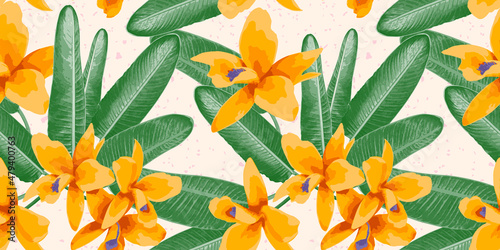 Tropical floral background. Realistic vector seamless pattern with yellow orchid flowers, green tropical plants, leaves. Exotic jungle, paradise resort theme, rain forest nature. Summer fashion style