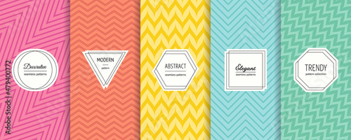 Vector geometric seamless patterns collection. Set of bright colorful background swatches with elegant minimal labels. Cute abstract textures with zigzag lines, chevron. Elegant modern funky design 