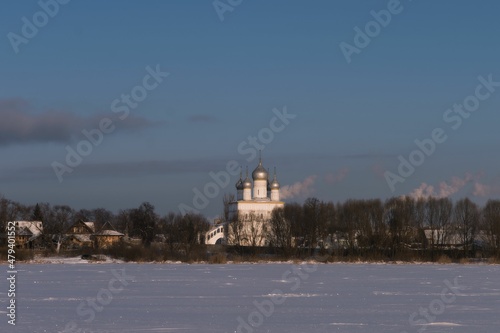 Temples of the sity of Rostov the Great on the shore of the lake in winter