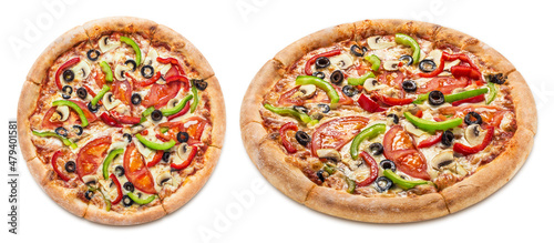 Delicious vegetarian pizza with tomatoes, mushrooms, mozzarella, peppers and olives, isolated on white background