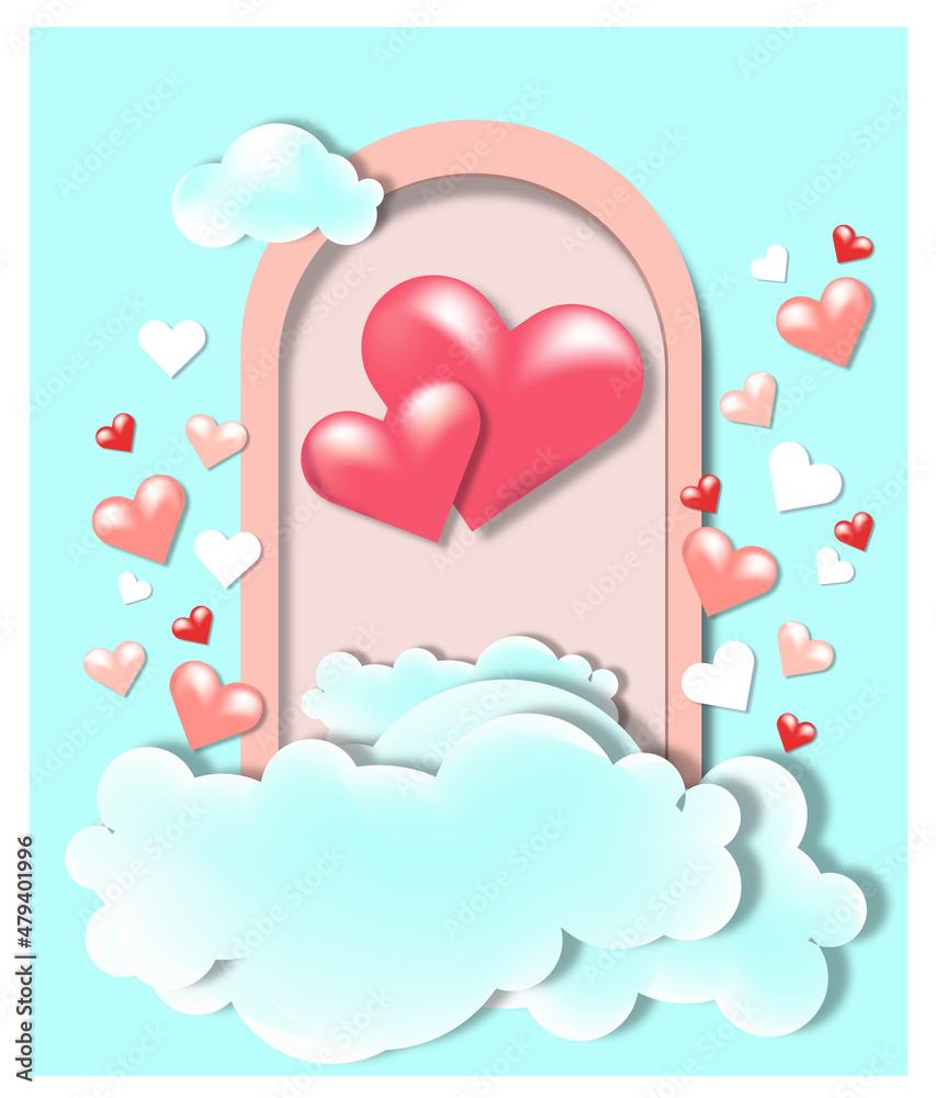 Happy valentine's day sky podium display decoration with heart shape balloon, heart confetti, 3D illustration 