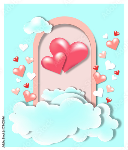 Happy valentine's day sky podium display decoration with heart shape balloon, heart confetti, 3D illustration 