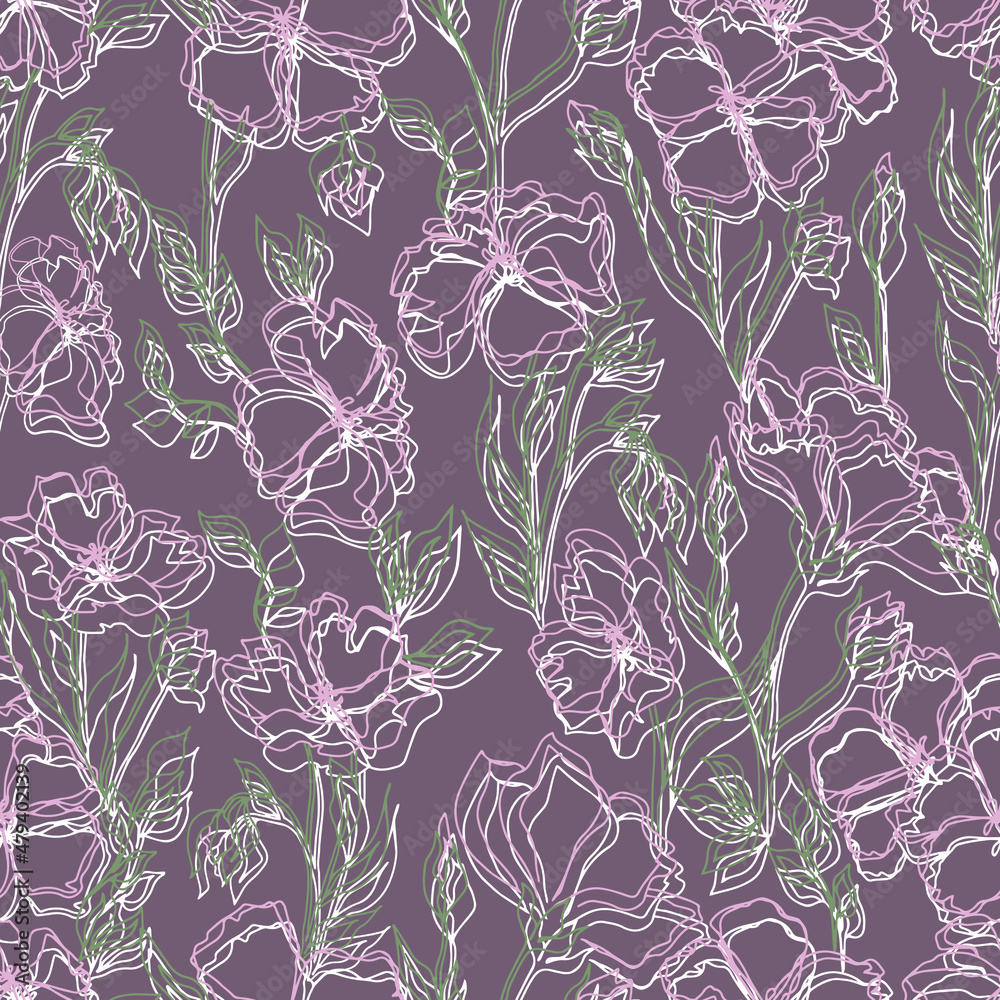 Fototapeta premium vector seamless pattern flowers with leaves. Botanical illustration for wallpaper, textile, fabric, clothing, paper, postcards