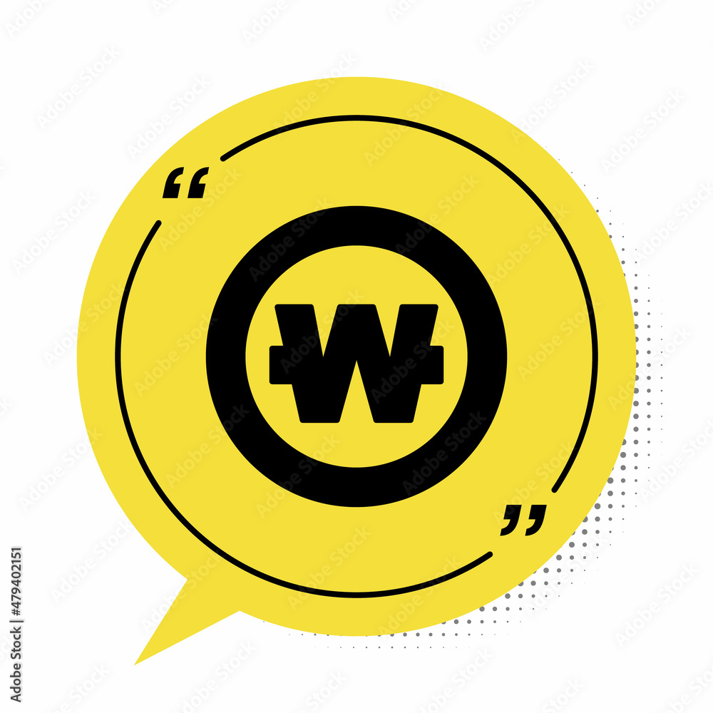 Black South Korean won coin icon isolated on white background. South Korea currency business, payment and finance. Yellow speech bubble symbol. Vector Black South Korean won coin icon isolated on white background. South Korea currency business, payment and finance. Yellow speech bubble symbol. Vector