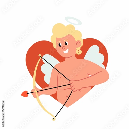 Cute cartoon cupid with bow and arrow in heart shape. Trendy vector Illustration of a Valentine's Day. Greeting card design, posters, gift tags and stickers