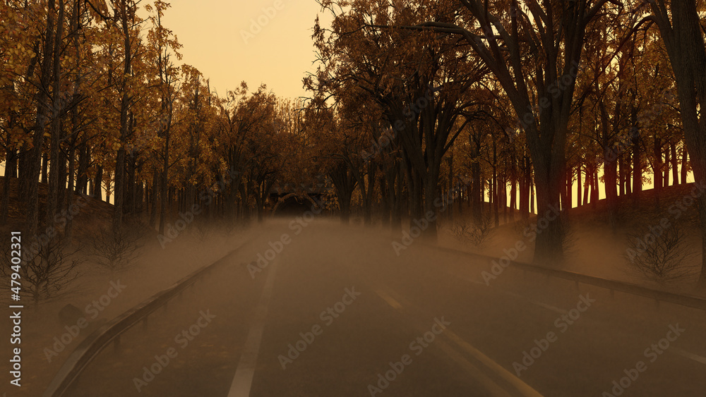 Empty road with a tunnel in a misty autumn forest at sunrise. 3D render. Empty road with a tunnel in a misty autumn forest at sunrise. 3D render.