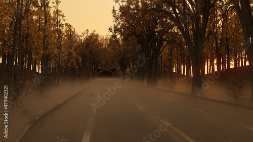 Empty road with a tunnel in a misty autumn forest at sunrise. 3D render.